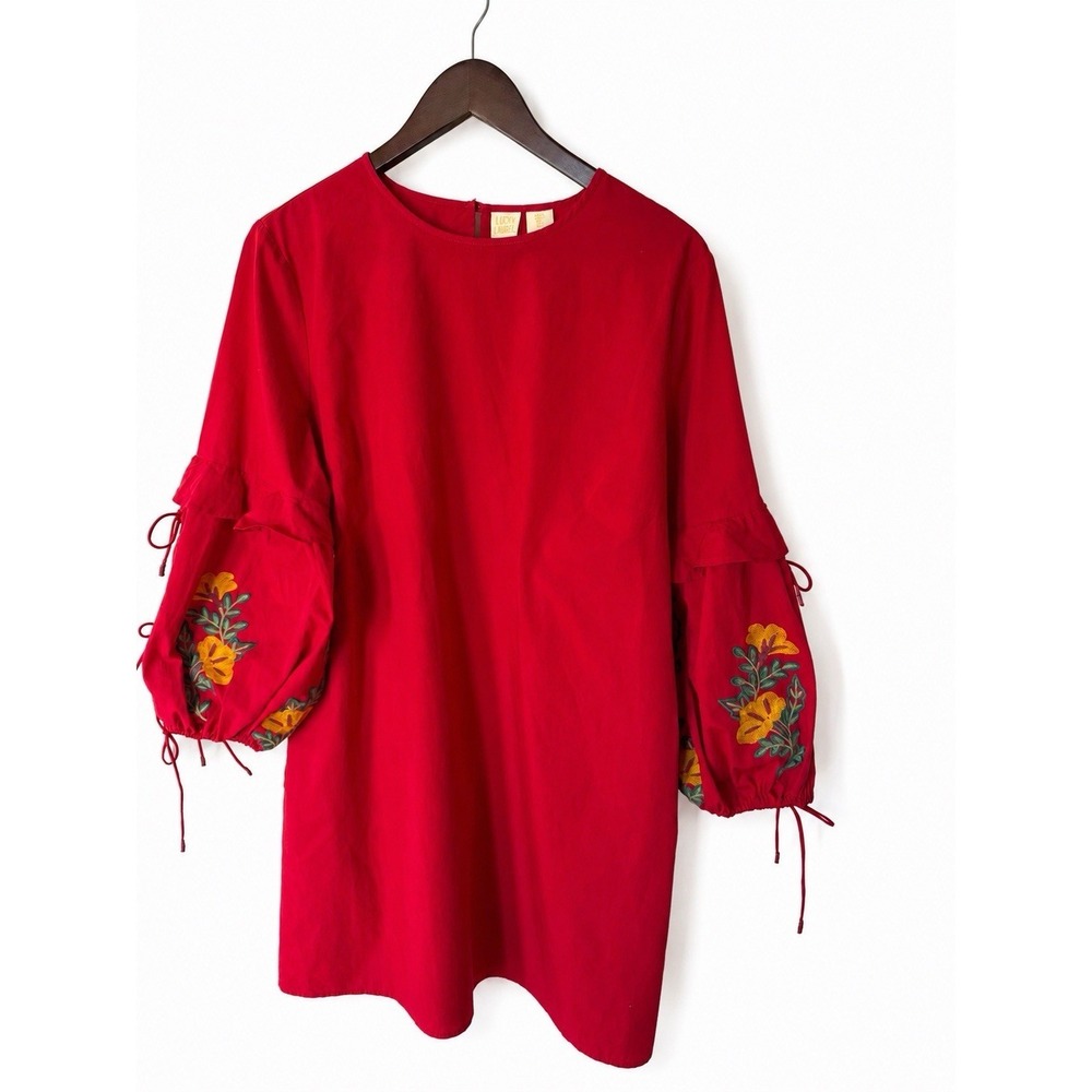 Lucy & Laurel Red Embroidered Puff Sleeve Cotton Shift Dress Tunic Boho Size L
